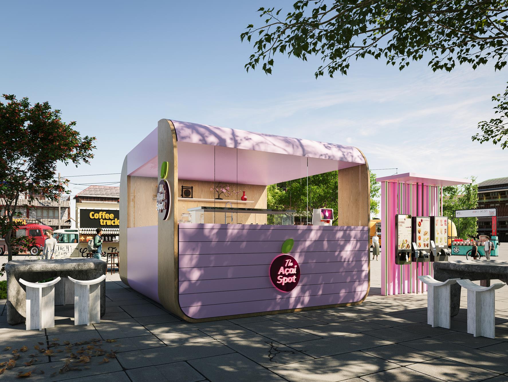A lilac and light-oak kiosk pavilion under its own canopy in an open-air plaza