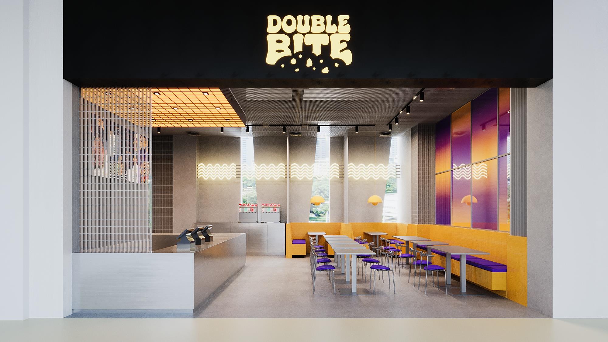 The shopfront elevation: the brand sign above a room of yellow tile banquettes and steel tables